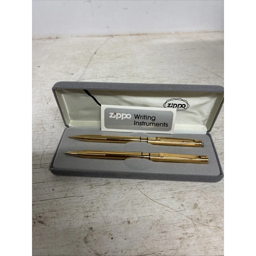 Vtg Zippo Pen and Pencil Set Gold Tone In Case Both Still Work